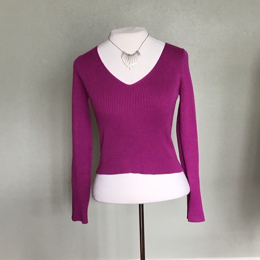Olive & Oak Magenta V-Neck Long Sleeve Ribbed Cropped Sweater Women's Medium